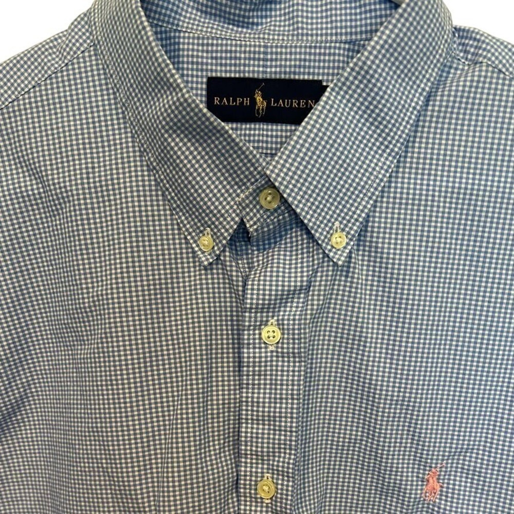Ralph Lauren Button Down Shirt XXL Men's Blue Gingham Check Short Sleeve Cotton